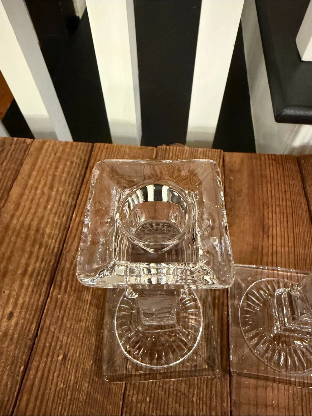 Pair of Vintage Clear Glass Etched Floral Candlesticks